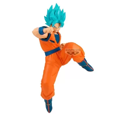 Figura de ação de personagem com cabelo azul e fato de treino laranja num salto de ataque.