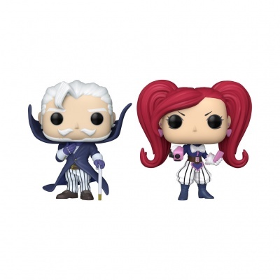 Duas figuras de vinil colecionáveis estilo POP com personagens em roupas coloridas e cabelos diferentes