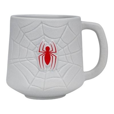 Caneca branca com relevo de teia de aranha e aranha vermelha