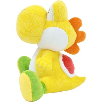 Pelúcia amarela e branca com detalhes verdes e laranja