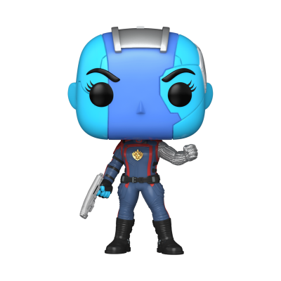 Boneco Funko Pop da personagem Nebula com cabeça azul e roupa azul escura com vermelho