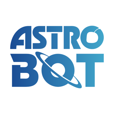 Logótipo azul com texto ASTRO BOT e planeta estilizado.