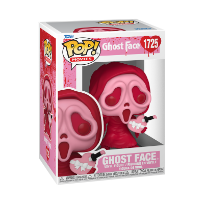 Figura de vinil Ghost Face Pop! Movies Funko número 1725 com capuz vermelho segurando uma faca e um coração rosa em embalagem original.