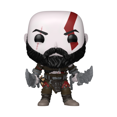 Figura Funko Pop de guerreiro calvo com barba e cicatrizes segurando lâminas