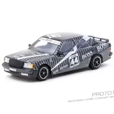 Miniatura de carro de corrida preto com riscas brancas e logótipos BOSS