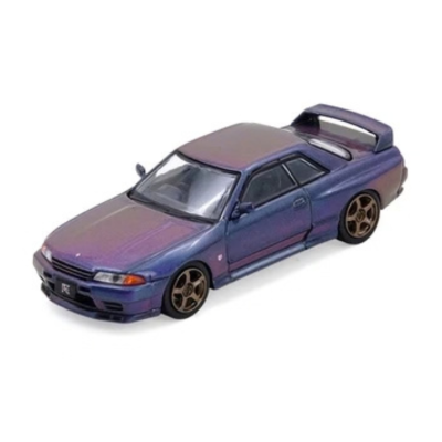 Miniatura de carro desportivo azul com tons roxos e rodas douradas
