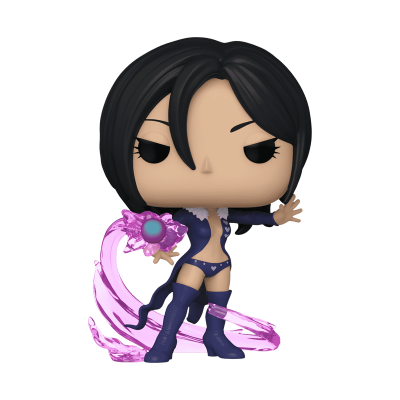 Figura colecionável Funko Pop com cabelo preto e roupa azul escura com efeito de energia roxa