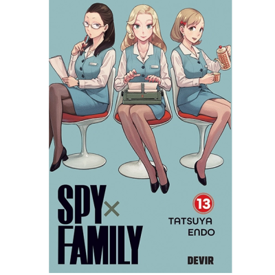 Capa do manga SPY x FAMILY volume 13 com três mulheres em uniformes azuis claras sentadas