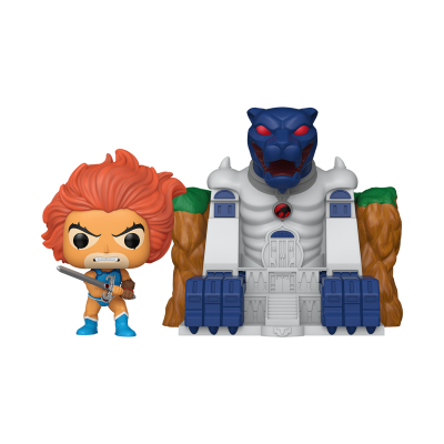Figura Funko Pop de Lion-O com espada e Torre do Tigre com cabeça de tigre azul
