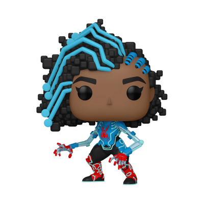 Figura Funko Pop com cabelo preto e azul e roupa azul preta com padrão de aranha vermelha