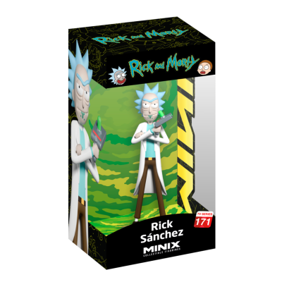 Figura colecionável Rick Sánchez da série Rick and Morty com embalagem colorida