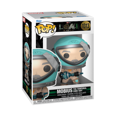 Boneco Funko Pop! Mobius com roupa azul e capacete em caixa transparente e branca