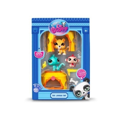 Estojos de figuras de brinquedo Littlest Pet Shop com 3 animais e acessórios amarelos em embalagem azul