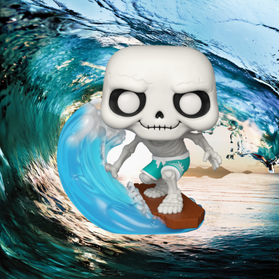 Boneco Funko Pop de esqueleto a surfar em prancha com onda azul e calções verdes, fundo de mar com onda realista