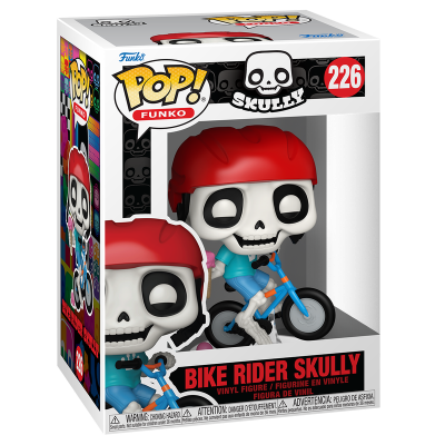 Figura Funko Pop Bike Rider Skully com capacete vermelho e bicicleta azul em caixa