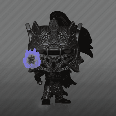 Figura Funko Pop com armadura preta e espada com chama azul