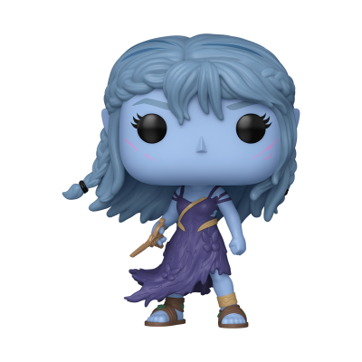 Figura Funko Pop personagem feminina azul com vestido roxo e arma dourada