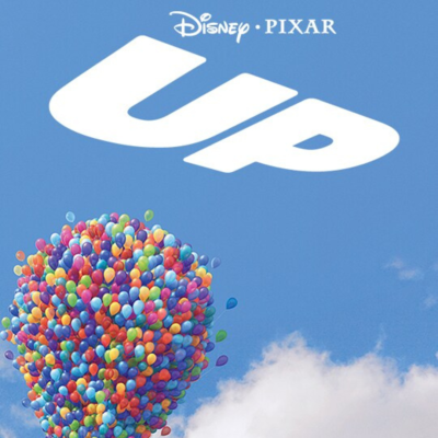 Cartaz do filme UP da Disney Pixar com balões coloridos no céu azul