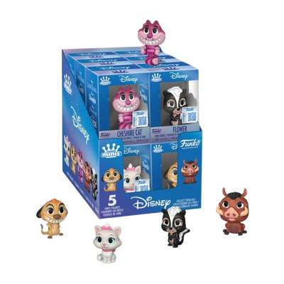 Caixa azul com 5 figuras de vinil Disney Funko Minis e figuras em frente.
