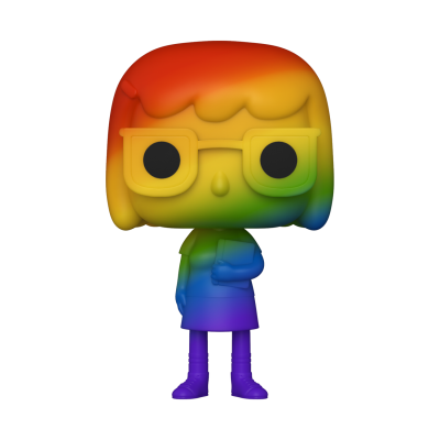 Figura colecionável colorida estilo Funko Pop com óculos e vestido