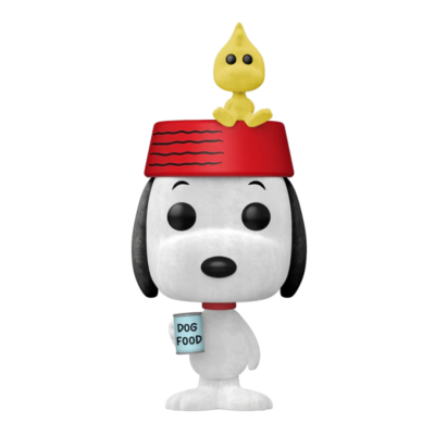 Figura Funko Pop do cão Snoopy com chapéu vermelho e lata de comida para cão azul