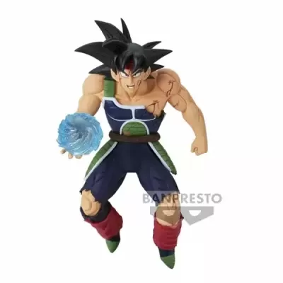 Boneco personagem anime com bola azul na mão e roupa azul e verde
