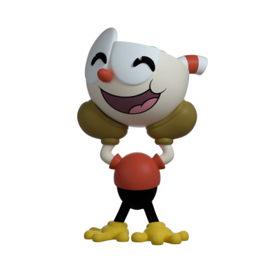 Figura de vinil com cabeça de chávena sorridente e roupas coloridas