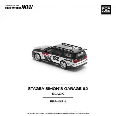 Modelo de carro de corrida preto e branco com número 62 e inscrições POP RACE, Winmax e Simons Garage