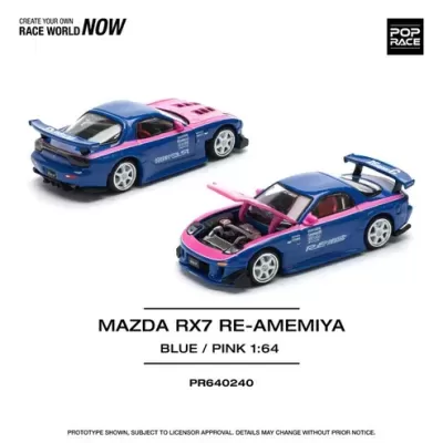 Miniaturas de carros Mazda RX7 RE-AMEMIYA azul e rosa em escala 1:64 com motor exposto