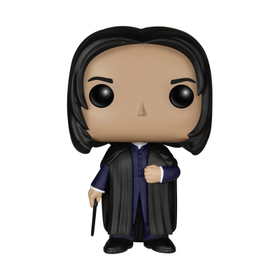 Figura Funko Pop com cabelo preto, roupa azul escura, capa preta e varinha na mão direita