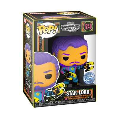 Boneco Funko Pop! de Star-Lord dos Guardians of the Galaxy na caixa preta com detalhes coloridos.