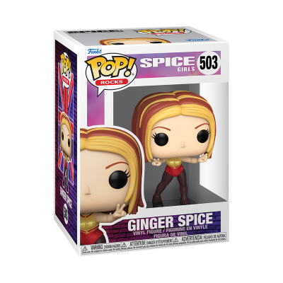 Figura Funko Pop! Rocks Ginger Spice com cabelo loiro e vermelho e roupa dourada e vermelha na caixa