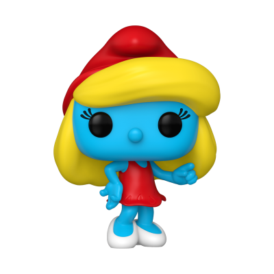 Figura colecionável Funko Pop de personagem azul com cabelo amarelo e roupa vermelha