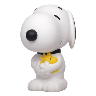 Figura de Snoopy branca e amarela a abraçar Woodstock.