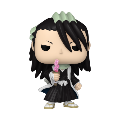 Figura Funko Pop de personagem com cabelo preto e verde claro e roupa preta e branca