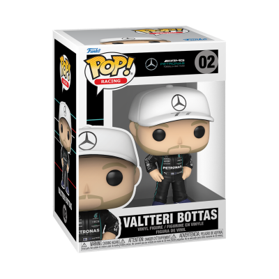 Figura Funko Pop! de Valtteri Bottas na caixa com fato e boné da equipa Mercedes-AMG Petronas