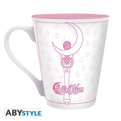 Caneca branca e rosa com desenho e texto Sailor Moon