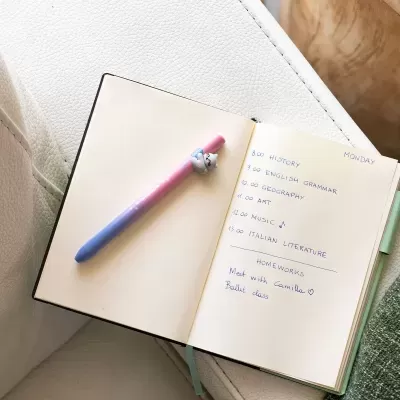 Caderno aberto com agenda escrita à mão e esferográfica com figura de gato.