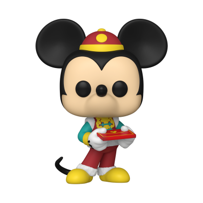 Figura Funko Pop do Mickey Mouse em roupa tradicional chinesa segurando caixa de comida
