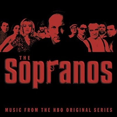Capa do álbum musical da série The Sopranos com retratos vermelhos e pretos e texto com pistola
