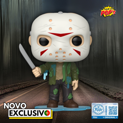 Boneco Funko Pop com máscara branca e roupa suja segurando faca