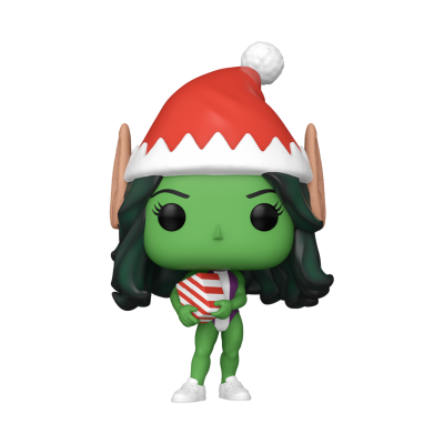 Figura Funko Pop personagem verde com chapéu de Natal e presente
