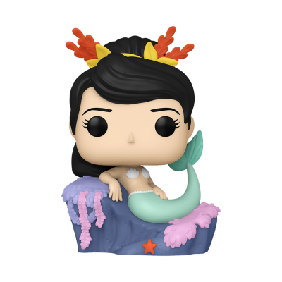 Figura Funko Pop de sereia feminina sentada numa rocha com corais coloridos.