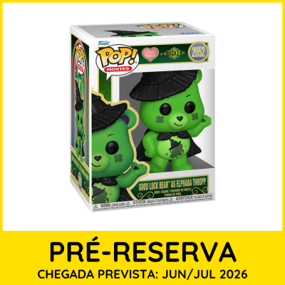 Figura Funko Pop verde Good Luck Bear como Elphaba Thrapp em caixa com texto POP! MOVIES e Care Bears x Wicked