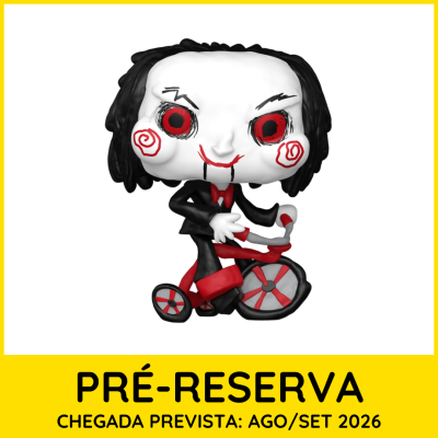 Figura colecionável do boneco Billy em bicicleta vermelho e preto com fundo branco e texto amarelo.