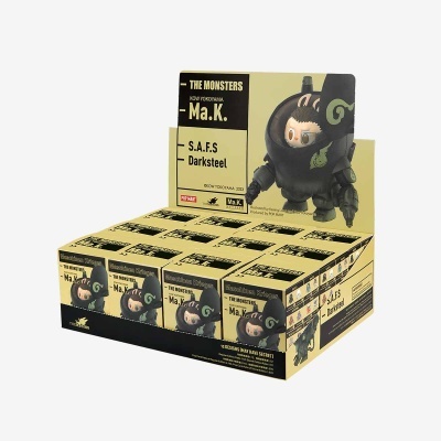 Caixa de exposição com várias caixas de figuras colecionáveis Ma.K S.A.F.S Darksteel em design amarelo com preto.