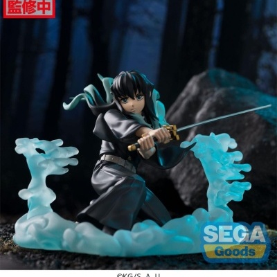 Figura colecionável de personagem com katana e efeitos de água azul