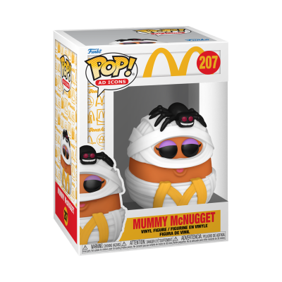 Figura Funko Pop MUMMY McNUGGET vestido de múmia com aranha na cabeça dentro de caixa McDonald's.