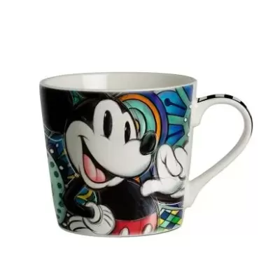 Caneca branca de cerâmica com estampa colorida de Mickey Mouse em arte pop