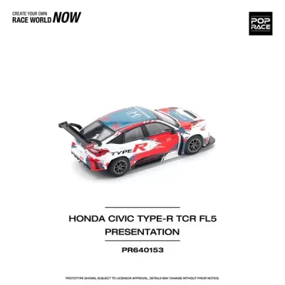 Miniatura de carro de corrida Honda Civic Type-R em branco, azul e vermelho com padrões gráficos.